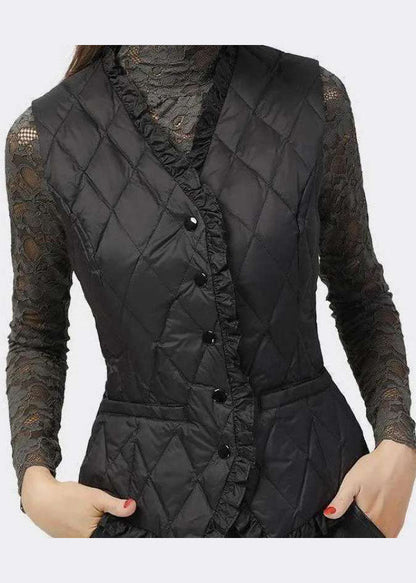 Black Button Ruffled V Neck Fine Cotton Filled Vest Spring