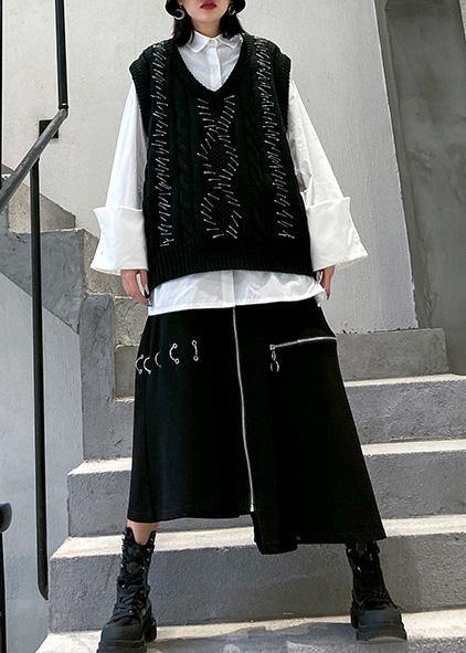 Black Knit Blouse Sleeveless V Neck Knit Sweat Tops