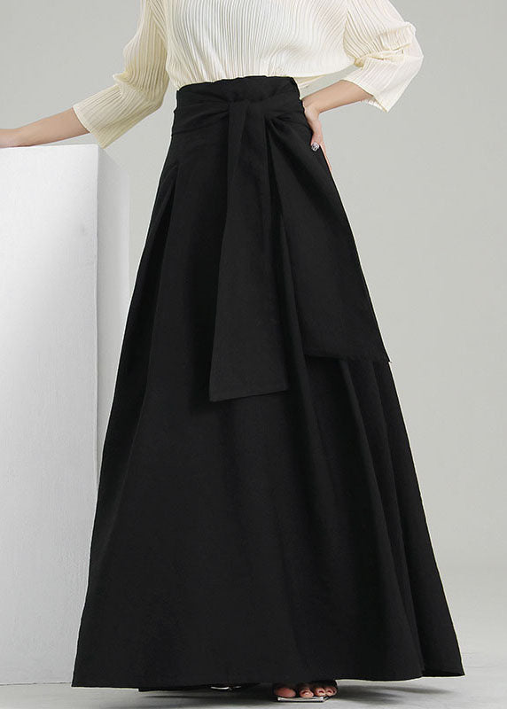 Black Tie Waist Wrinkled Maxi Skirts Spring