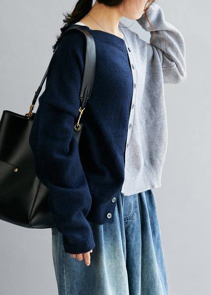 Blue Clothes V Neck Patchwork Loose Fitting Fall Sweaters