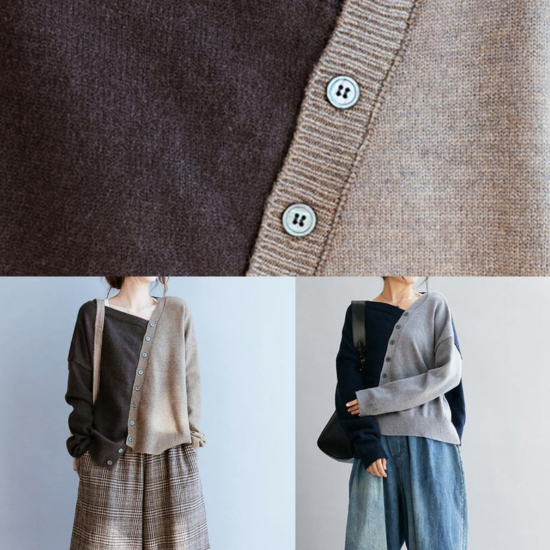 Blue Clothes V Neck Patchwork Loose Fitting Fall Sweaters