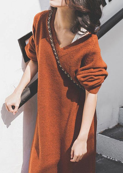 Chocolate Sweater Wardrobes Street Style V Neck Baggy Daily Sweater Dresses