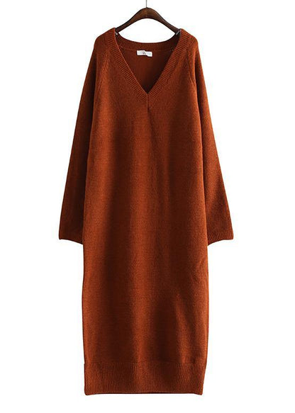 Chocolate Sweater Wardrobes Street Style V Neck Baggy Daily Sweater Dresses