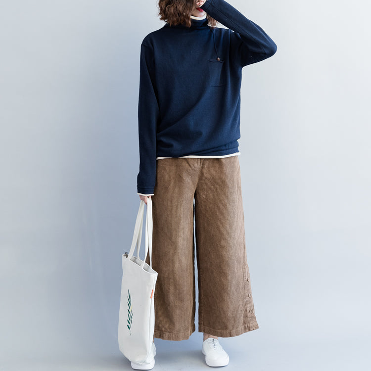Dark Blue Knit Coats Loose Fitting High Neck Knit Sweat Tops