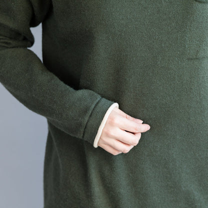 Dark Blue Knit Coats Loose Fitting High Neck Knit Sweat Tops