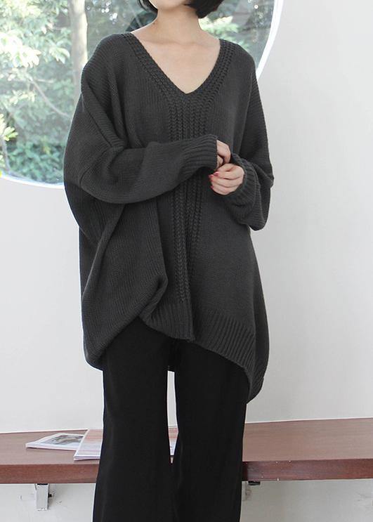 Dark Gray Knitted Blouse Fall V Neck Batwing Sleeve Knitted Clothes