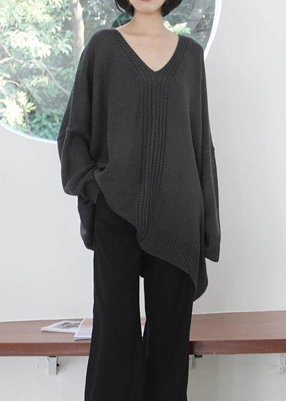 Dark Gray Knitted Blouse Fall V Neck Batwing Sleeve Knitted Clothes