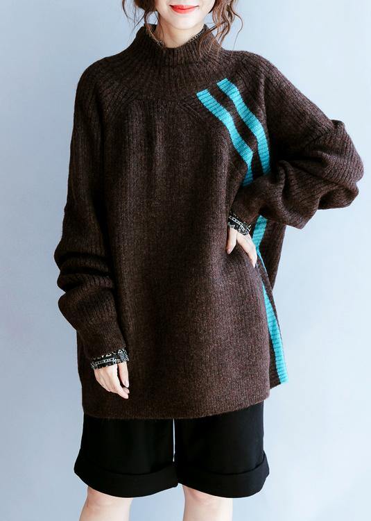 Fall Chocolate Striped Knitted Blouse High Neck Knitted Clothes