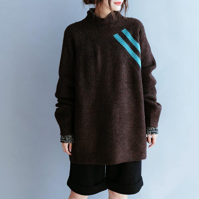Fall Chocolate Striped Knitted Blouse High Neck Knitted Clothes