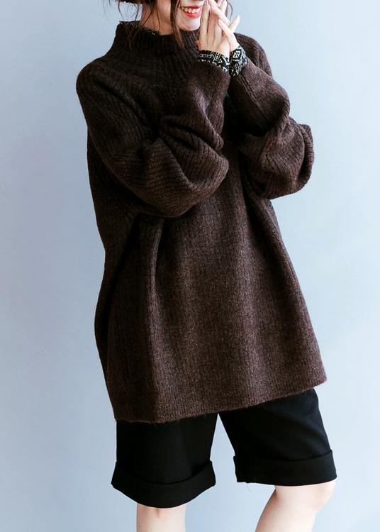 Fall Chocolate Striped Knitted Blouse High Neck Knitted Clothes