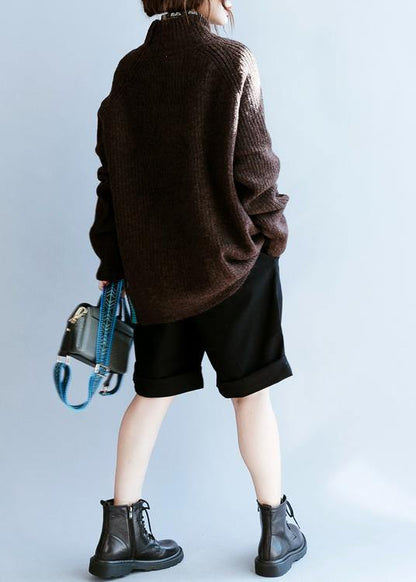 Fall Chocolate Striped Knitted Blouse High Neck Knitted Clothes
