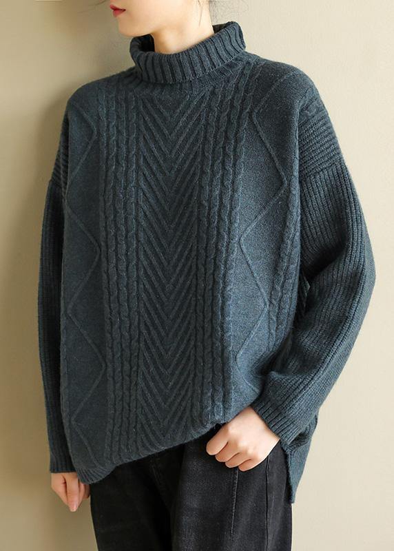 Gray Black Knitted Top Cable High Neck Knitwear