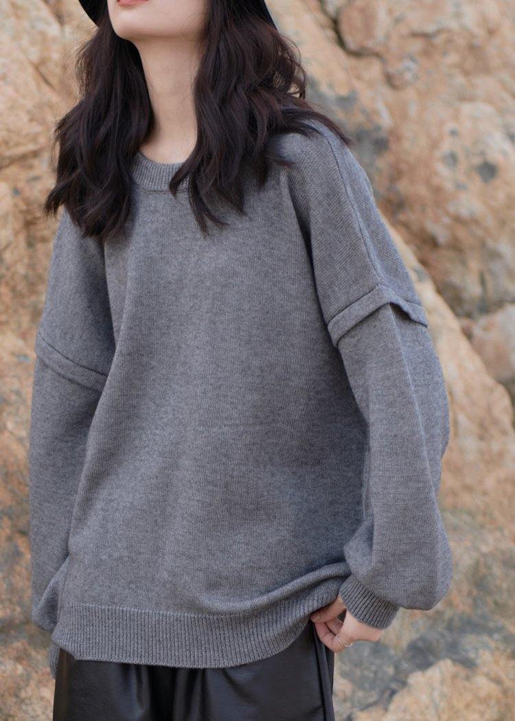 Gray Sweaters Oversized O Neck Cinched Sweater Blouse