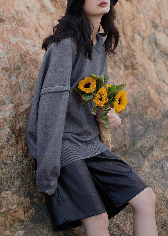 Gray Sweaters Oversized O Neck Cinched Sweater Blouse