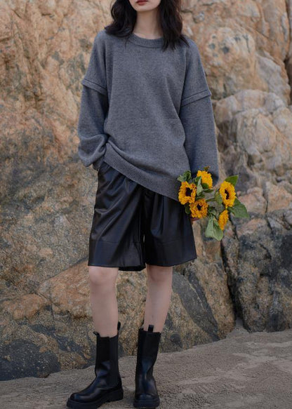 Gray Sweaters Oversized O Neck Cinched Sweater Blouse