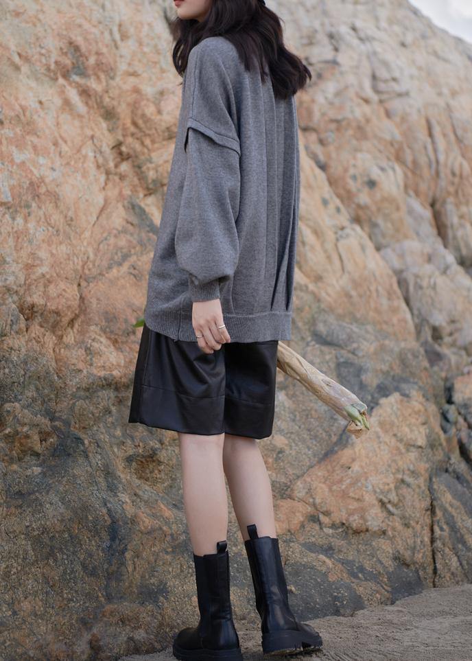 Gray Sweaters Oversized O Neck Cinched Sweater Blouse