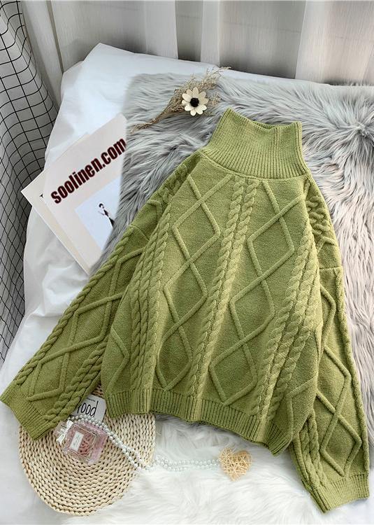Green Knit Sweat Tops Loose Fitting High Neck Thick Knitted Pullover