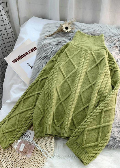 Green Knit Sweat Tops Loose Fitting High Neck Thick Knitted Pullover