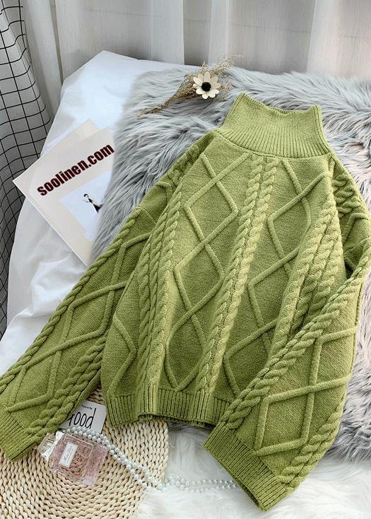 Green Knit Sweat Tops Loose Fitting High Neck Thick Knitted Pullover
