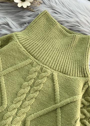 Green Knit Sweat Tops Loose Fitting High Neck Thick Knitted Pullover