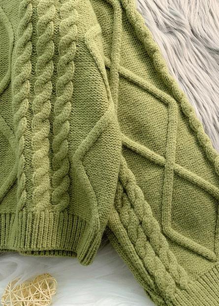 Green Knit Sweat Tops Loose Fitting High Neck Thick Knitted Pullover