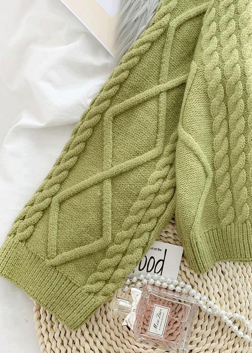 Green Knit Sweat Tops Loose Fitting High Neck Thick Knitted Pullover