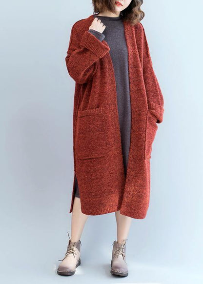 Knitted Coat Oversized Red Batwing Sleeve Pockets Coats