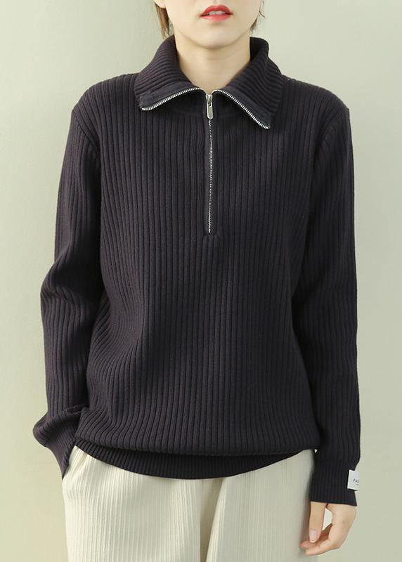 Navy Knitted Clothes Lapel Zippered Loose Fitting Knit Tops