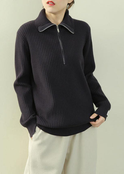 Navy Knitted Clothes Lapel Zippered Loose Fitting Knit Tops