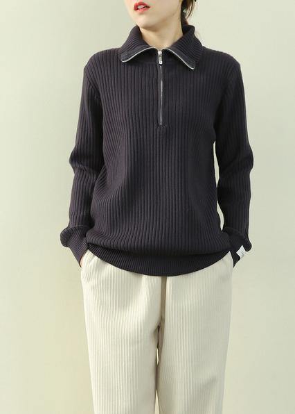 Navy Knitted Clothes Lapel Zippered Loose Fitting Knit Tops