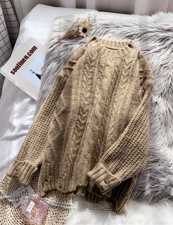 O Neck Brown Knitwear Plussize Thick Knitted Pullover