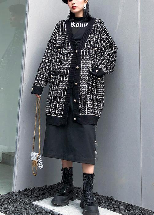 Plaid Black Knitwear V Neck Cardigans