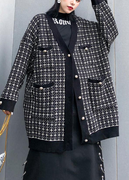 Plaid Black Knitwear V Neck Cardigans