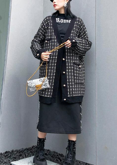 Plaid Black Knitwear V Neck Cardigans