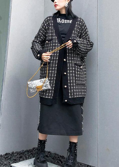 Plaid Black Knitwear V Neck Cardigans