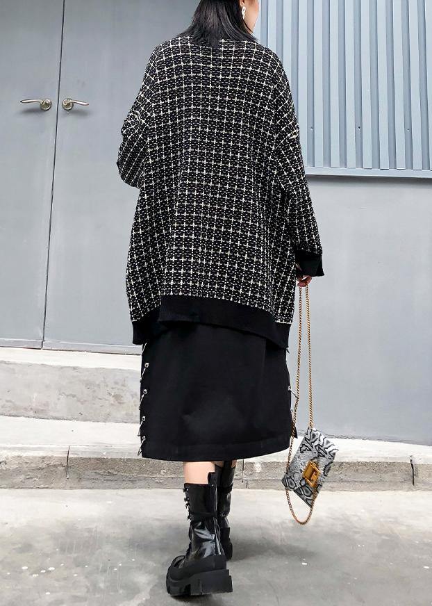 Plaid Black Knitwear V Neck Cardigans