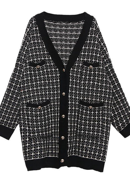 Plaid Black Knitwear V Neck Cardigans