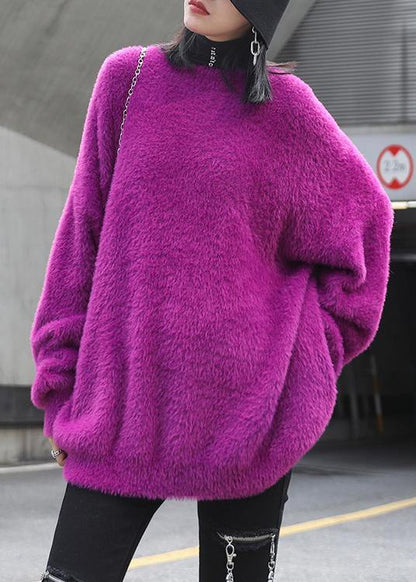 Purple Knitted T Shirt O Neck Baggy Knit Tops