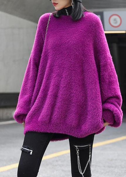 Purple Knitted T Shirt O Neck Baggy Knit Tops