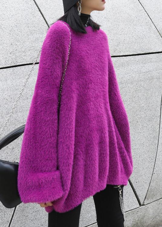 Purple Knitted T Shirt O Neck Baggy Knit Tops