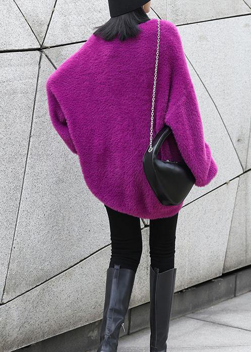 Purple Knitted T Shirt O Neck Baggy Knit Tops