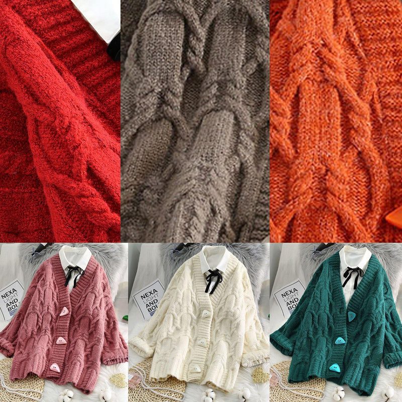 Red Knitted Outwear Spring V Neck Button Knit Outwear