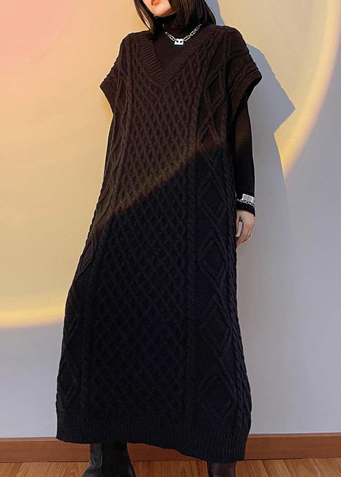 V Neck Sleeveless Sweater Spring Dress Outfit Design Black Tunic Knitted Dress