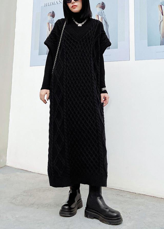V Neck Sleeveless Sweater Spring Dress Outfit Design Black Tunic Knitted Dress