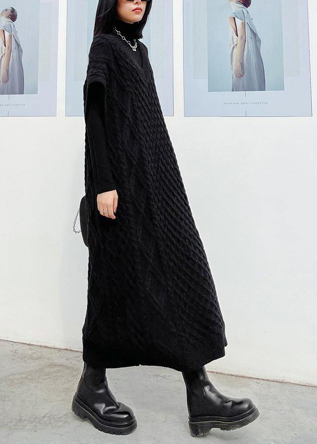 V Neck Sleeveless Sweater Spring Dress Outfit Design Black Tunic Knitted Dress