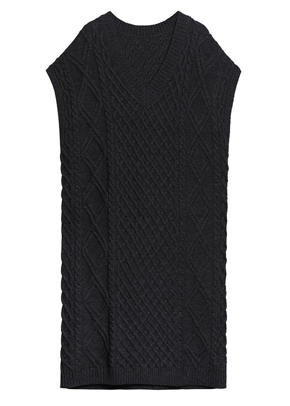 V Neck Sleeveless Sweater Spring Dress Outfit Design Black Tunic Knitted Dress