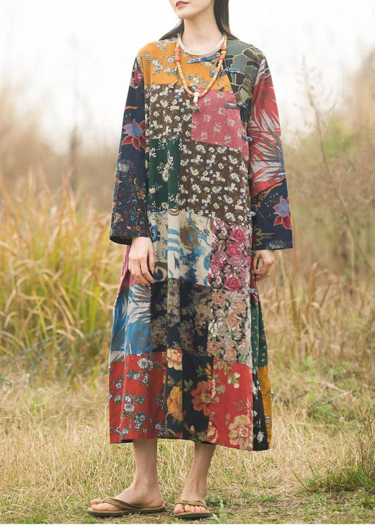 Vintage Colorblock low high design V Neck print Patchwork Top Long Sleeve