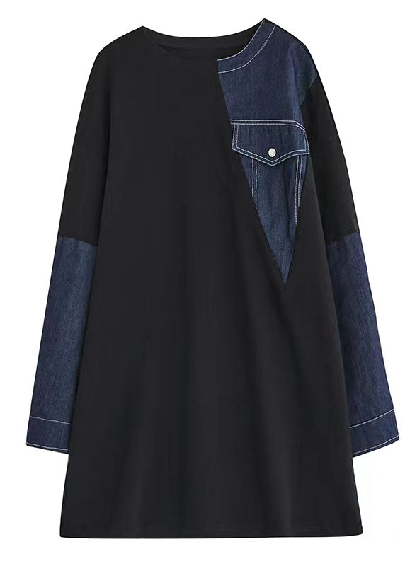 Black Patchwork Denim Blue Sweater Dresses Quotes Pockets Baggy Sweater Dresses