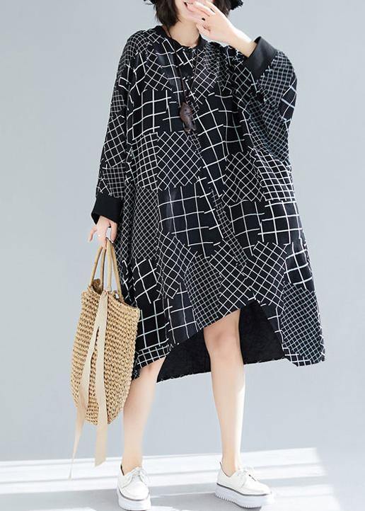 Vivid Black Plaid Quilting Dresses O Neck Asymmetric Robe Spring Dress