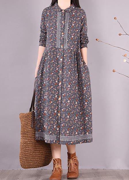 Vivid Blue Print Clothes Lapel Lace Robe Spring Dress